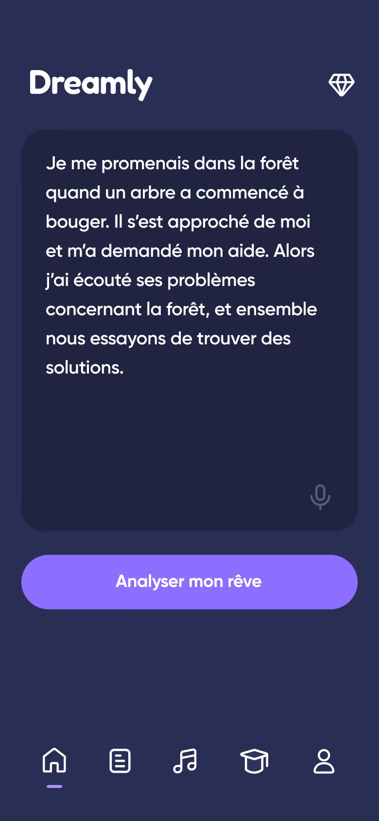 Écran d’analyse personnalisée d’un rêve dans Dreamly