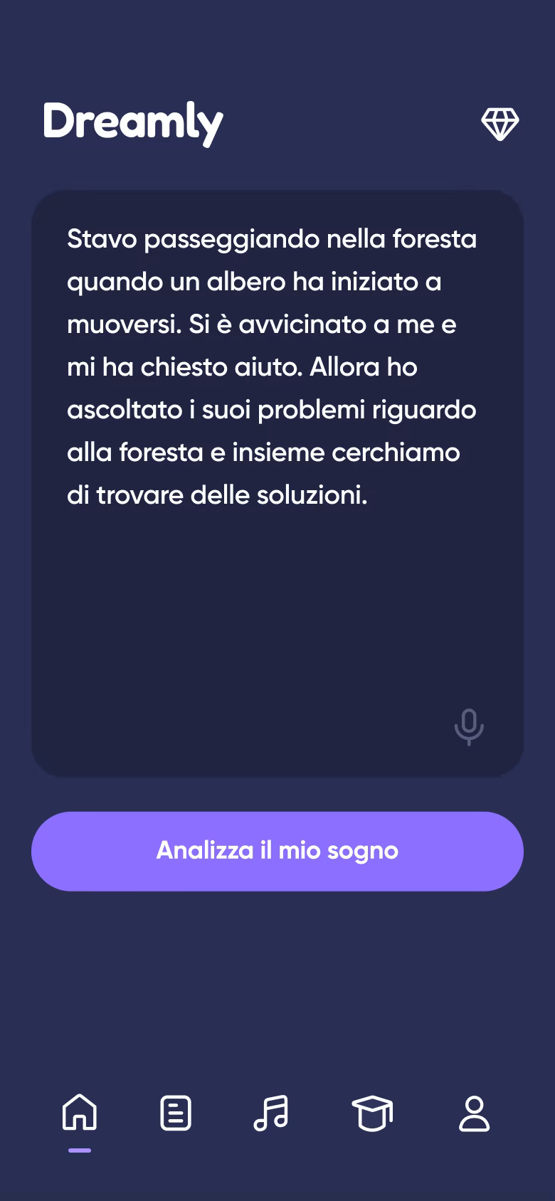 Schermata di analisi personalizzata di un sogno in Dreamly