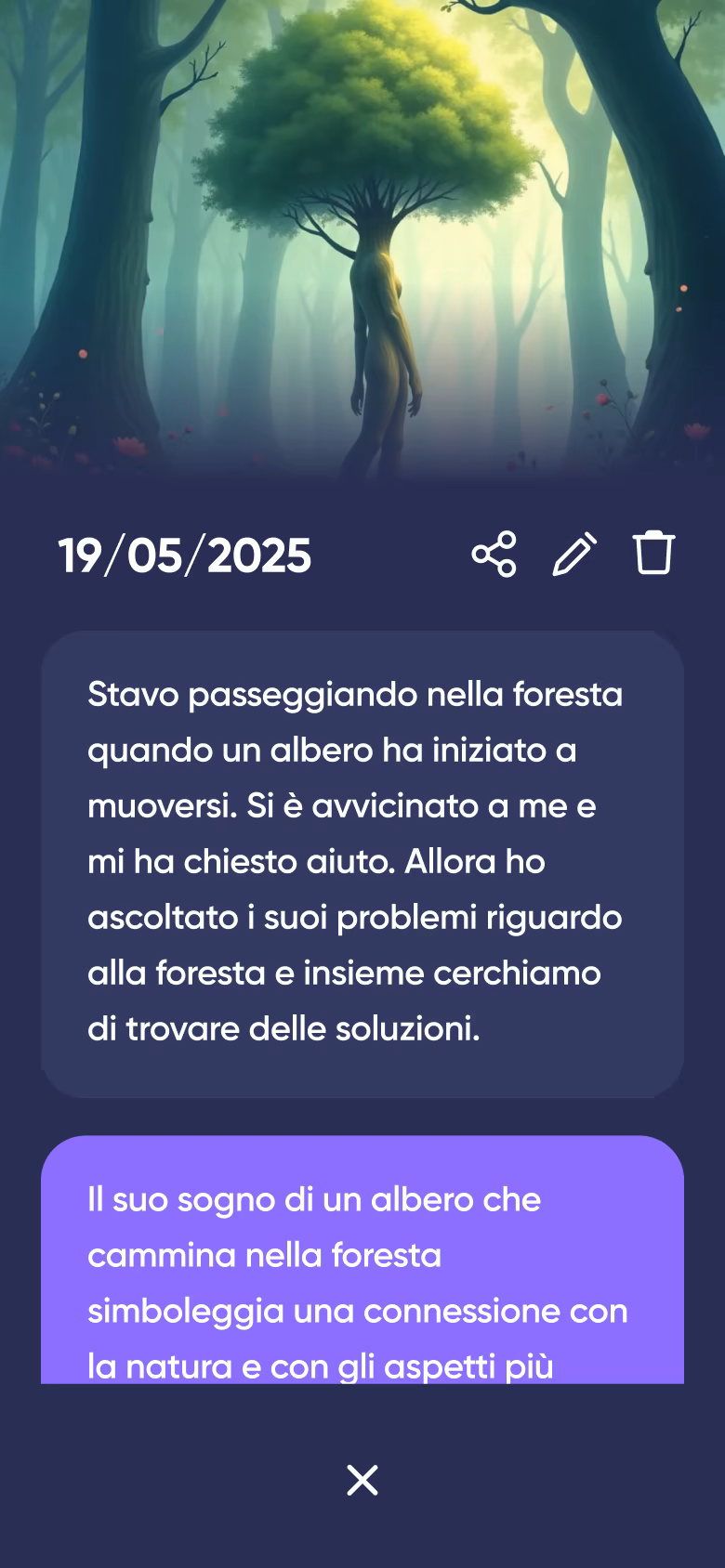 Esempio di un sogno con un albero che cammina analizzato in Dreamly