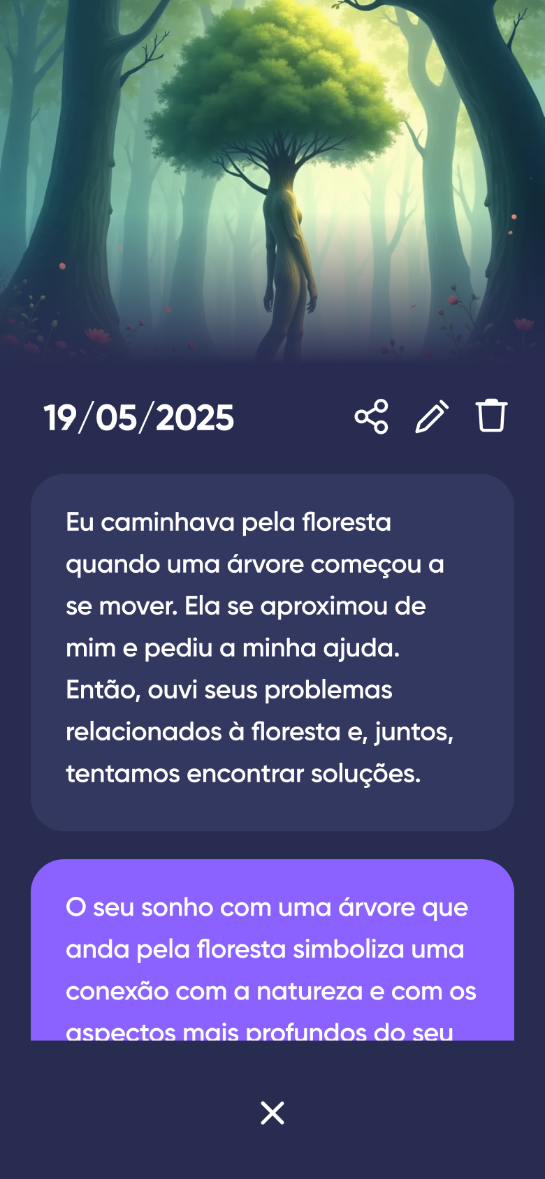 Exemplo de um sonho com uma árvore caminhando analisado no Dreamly