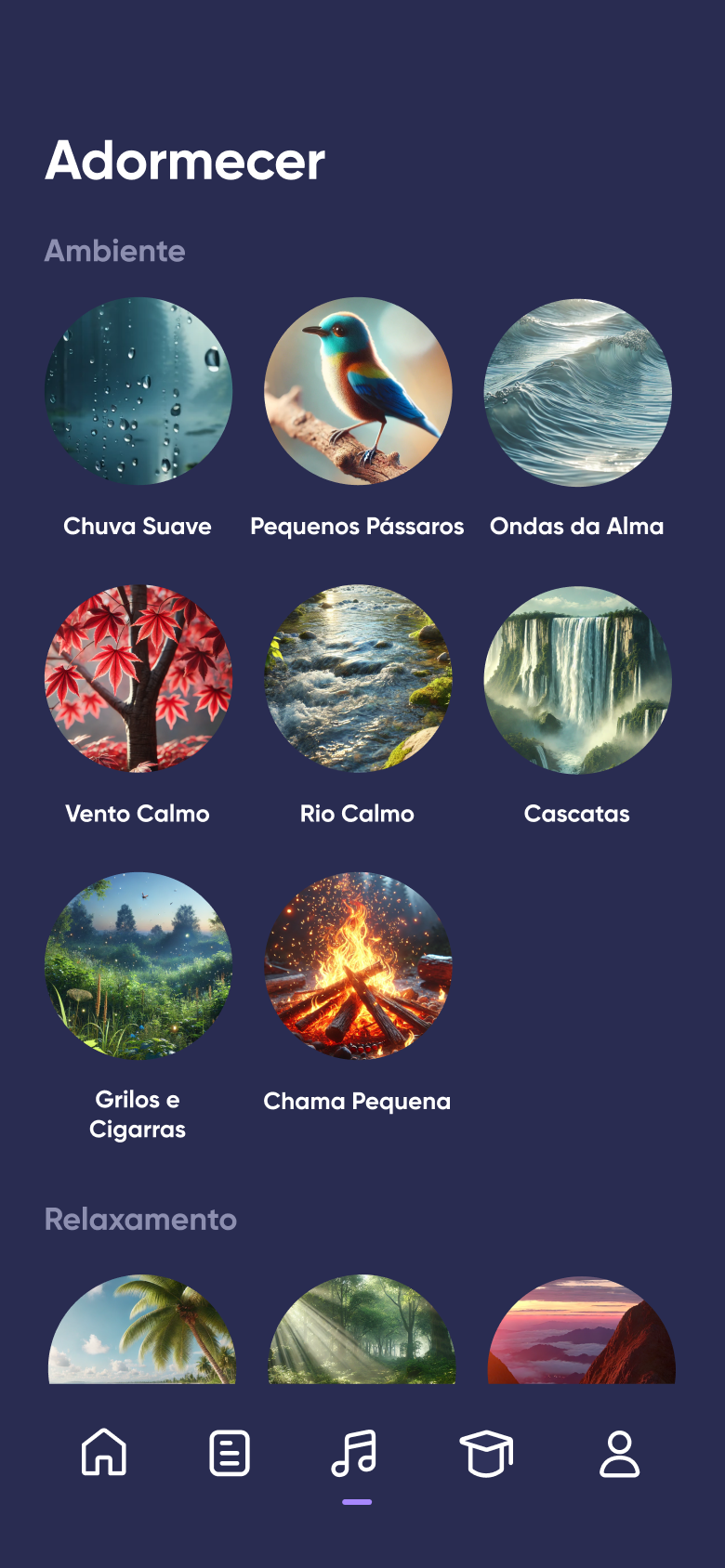 Player de sons relaxantes no Dreamly