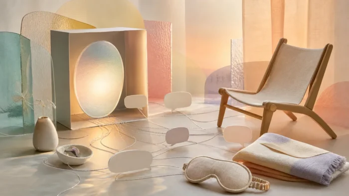 A warm surreal studio scene with a frosted-glass companion glow, empty chair, silver threads, blank message bubbles, and soft textiles, illustrating an AI friend dream about connection and boundaries.