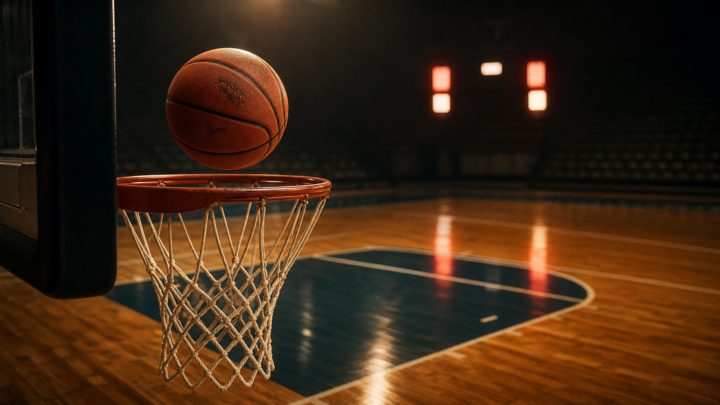 A scuffed basketball suspended above an empty hoop on a quiet hardwood court, illustrating a dream about last-shot pressure and free throws