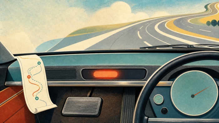 A retro driver's education style dashboard cutaway with a brake pedal, winding road, route strip, and warning glow, illustrating a dream where car brakes do not work