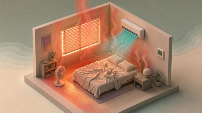 A thermal-map cutaway bedroom with a wall air conditioner, blank thermostat, fan, hot blinds, and fading cool air, illustrating a broken-AC dream about sleep and control.
