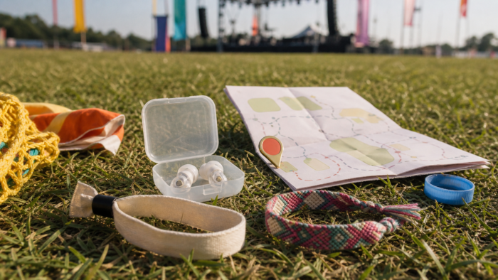 Earplugs, a blank festival wristband, friendship bracelet, and venue map on grass, illustrating concert crowd dreams about loud music, lost friends, and FOMO