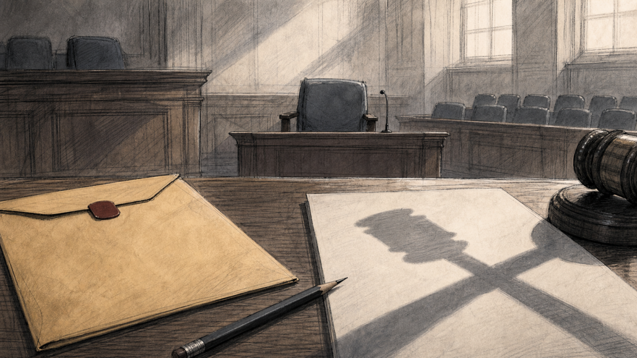A courtroom-sketch style empty courtroom with a blank summons envelope, pencil, witness chair, jury box, and gavel shadow, illustrating courtroom dreams about judgment and being misunderstood