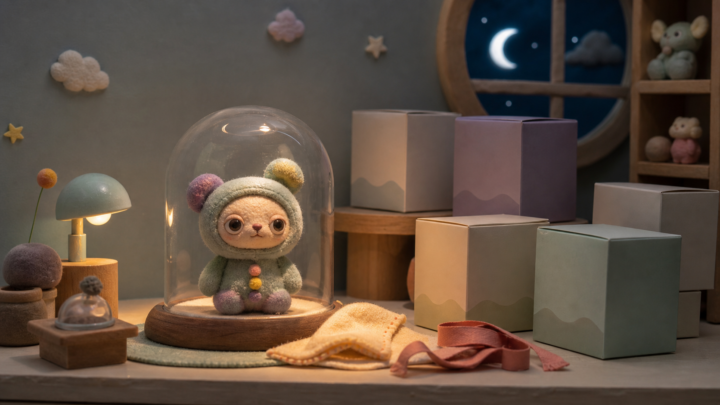 A stop-motion clay and felt collectible doll under a display dome beside blank blind boxes, illustrating doll dreams about comfort, nostalgia, and the uncanny feeling of being watched