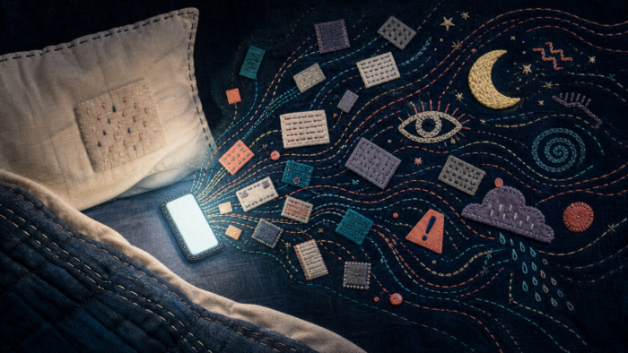 An embroidered textile collage of a glowing bedtime screen sending stitched feed lines into dream symbols, illustrating doomscrolling dreams and screen-time nightmares