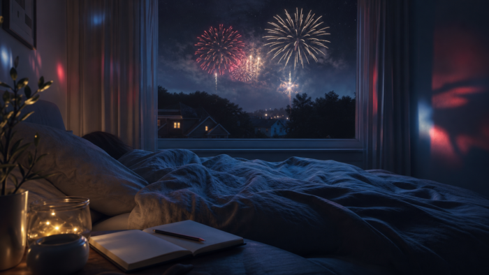 A quiet bedroom with a dream journal and distant fireworks outside the window, illustrating a dream about fireworks, loud noise, and sleep anxiety