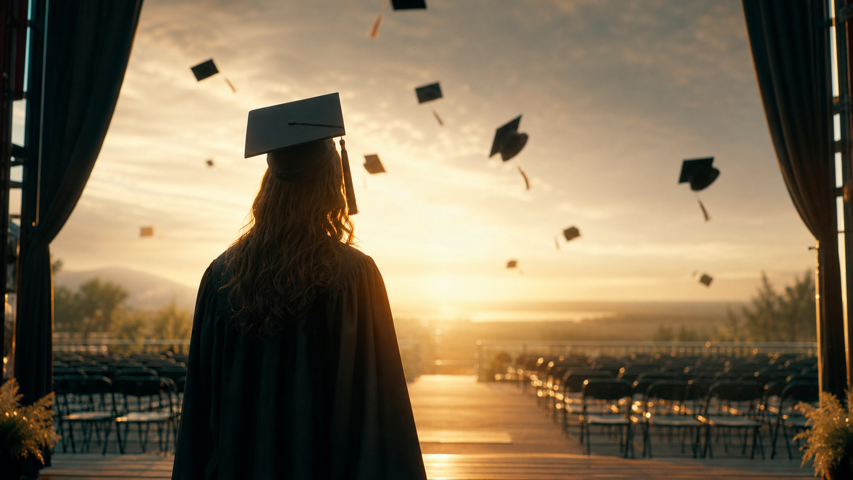 Dreamlike graduation ceremony at sunset with a graduate facing the next chapter, illustrating a dream about graduation and transition
