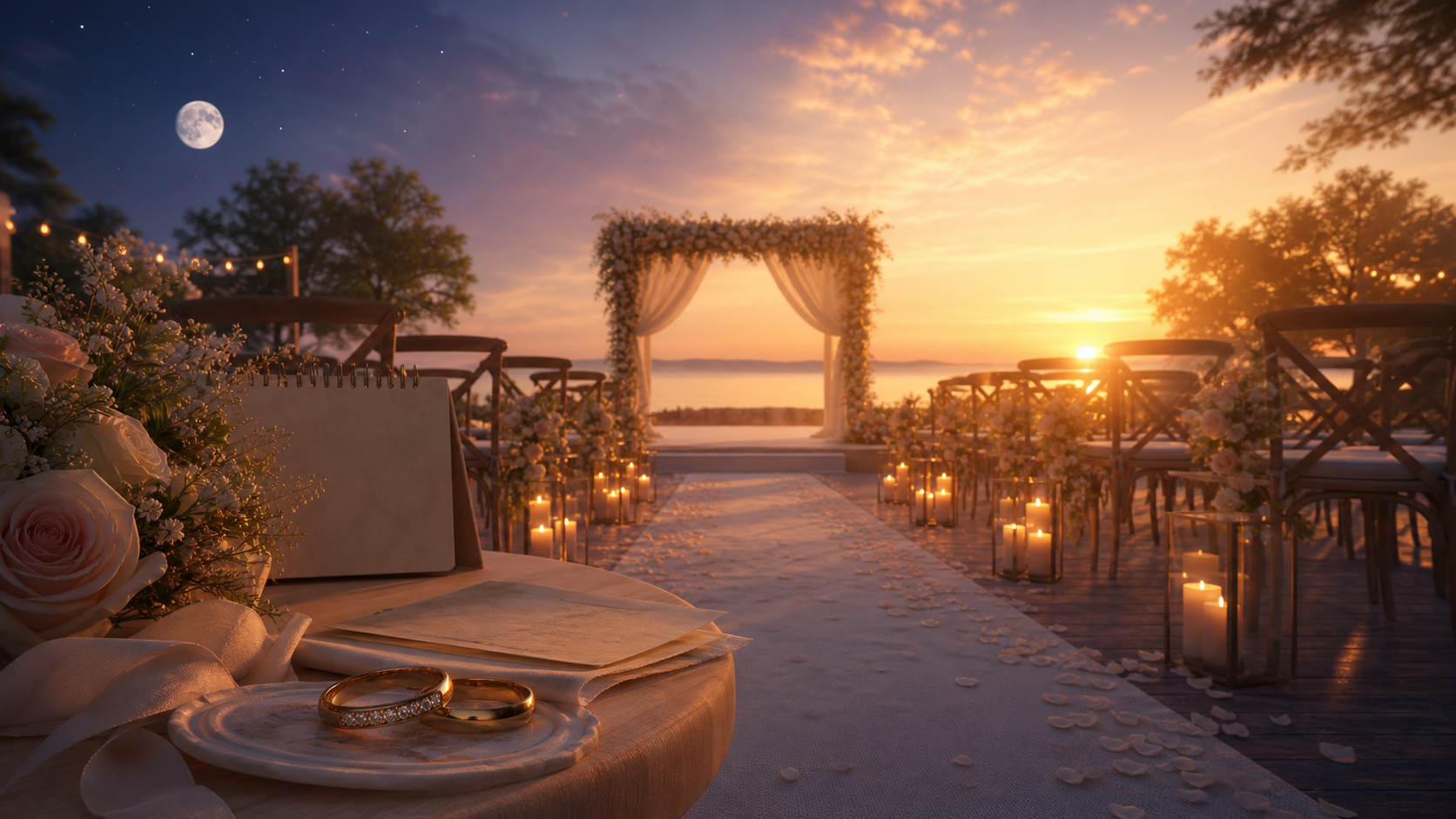 Wedding rings and folded vows beside an empty dawn ceremony aisle, illustrating a dream about wedding anxiety and commitment