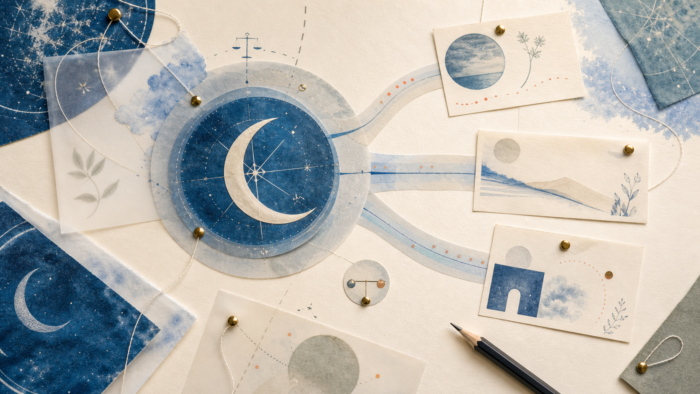A cyanotype and vellum decision map with a moon compass and branching paths, illustrating whether to make a life decision based on a dream