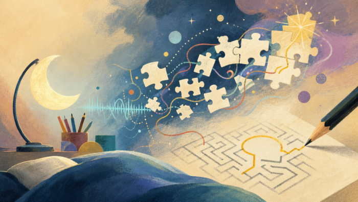 A mid-century gouache illustration of puzzle pieces, a moon lamp, colored threads, and a maze becoming a solved path, illustrating dream incubation and creative problem-solving.
