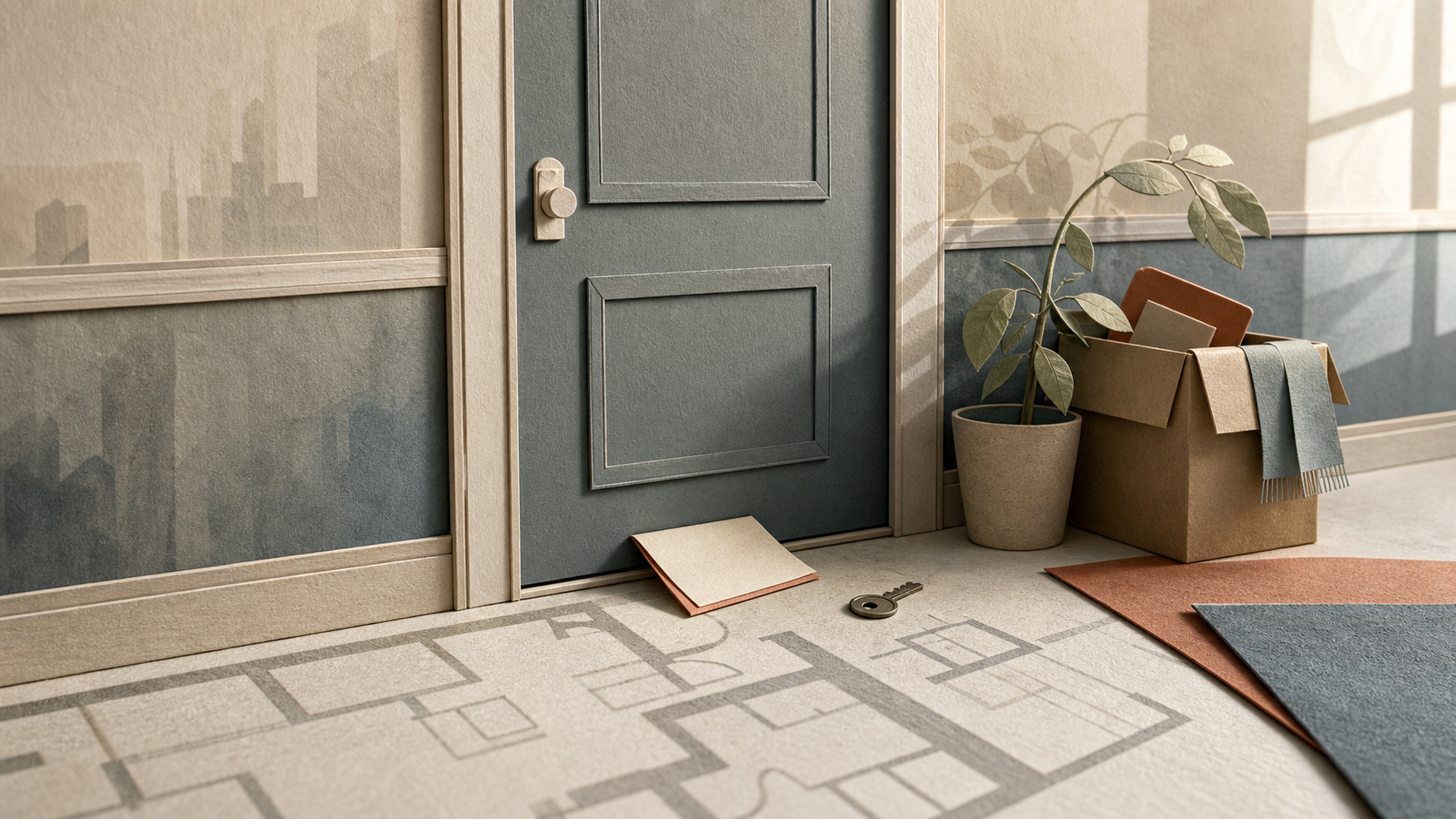 A closed apartment door with a blank notice, key, plant, and cardboard box, illustrating an eviction dream about rent stress and losing security