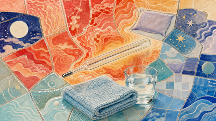 A glazed thermal-map tile mosaic with a thermometer, washcloth, water glass, moon, and heat-wave dream tiles, illustrating fever dreams and sick sleep