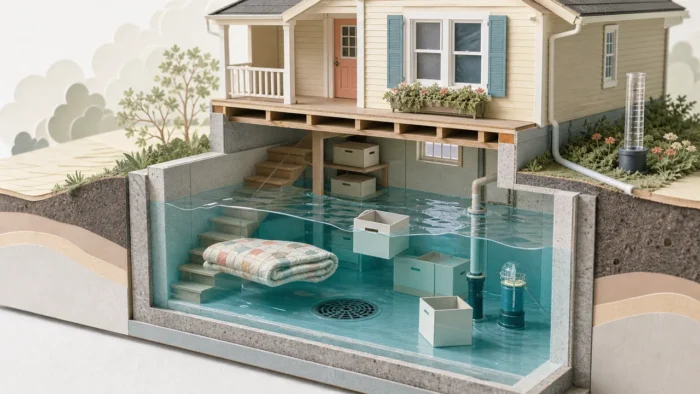 A handmade paper cutaway of a house basement filling with clear blue water, with storage boxes, a folded quilt, a drain, and a rain gauge, illustrating a flooded-basement dream.