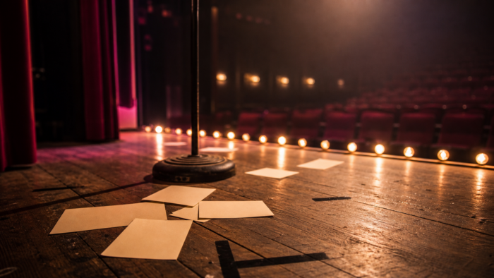 Blank cue cards on an empty theater stage beside warm footlights and a microphone stand, illustrating a dream about forgetting lines on stage
