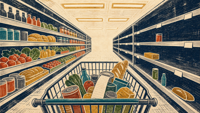 A linocut-style grocery aisle with one full side, one sparse side, and a half-full cart, illustrating grocery store dreams about empty shelves, choices, and having enough