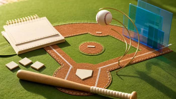 A handmade baseball diamond with a wooden bat, suspended ball, brass swing arc, blank scorebook, and blue acrylic panels, illustrating Home Run Derby dreams and performance timing.