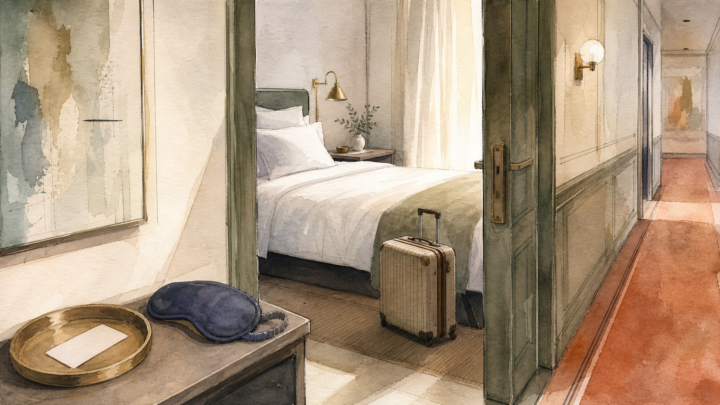 A watercolor-and-ink hotel room and corridor threshold with a suitcase, sleep mask, and blank key card, illustrating hotel dreams about unfamiliar rest, privacy, and transition
