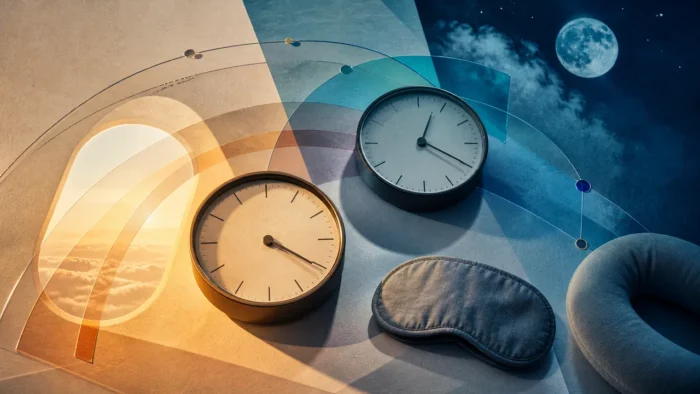 Solarized clocks, sleep mask, travel pillow, and time-zone arcs split by sunrise and moonlight, illustrating jet-lag dreams and travel sleep.