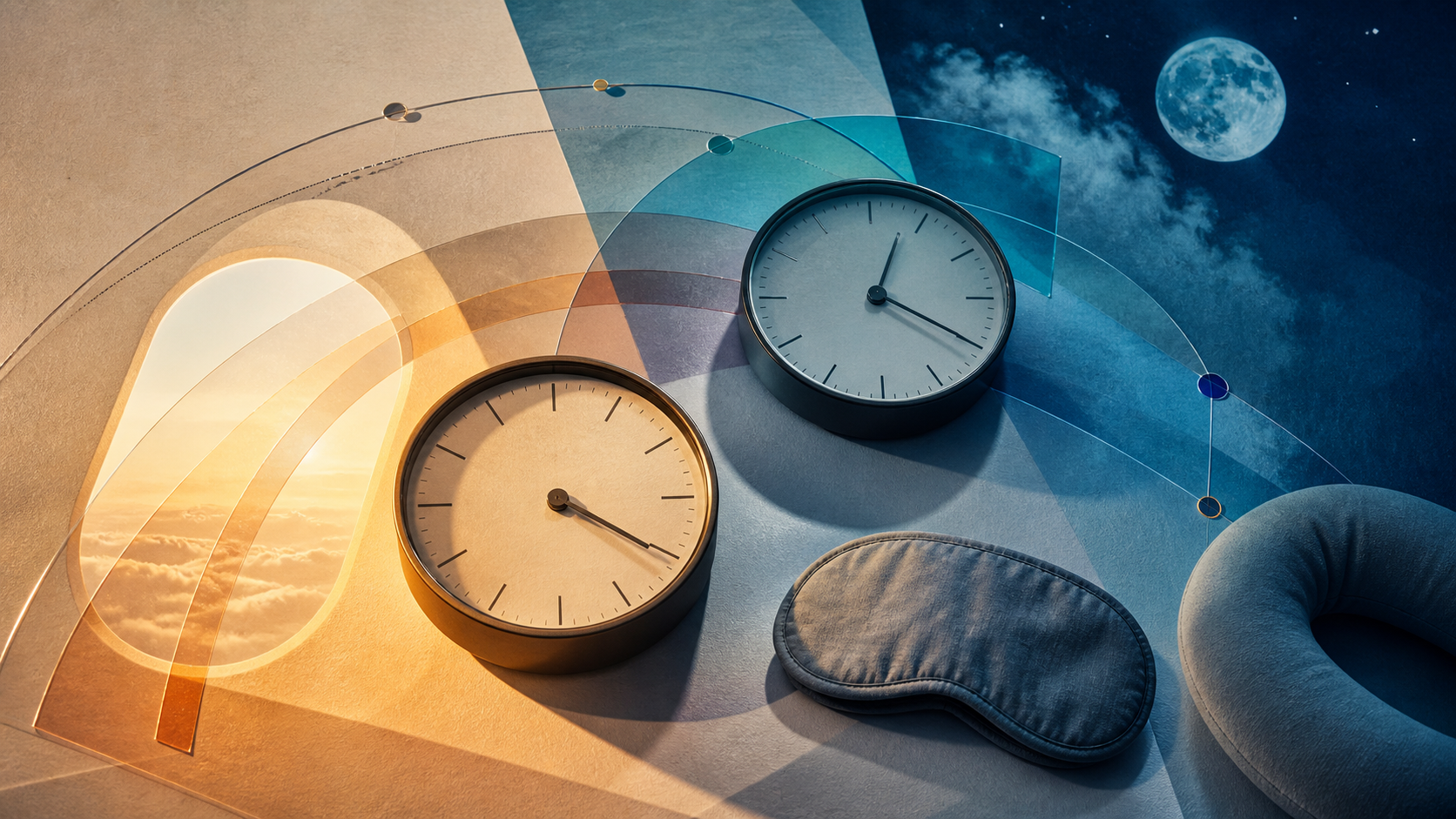 Solarized clocks, sleep mask, travel pillow, and time-zone arcs split by sunrise and moonlight, illustrating jet-lag dreams and travel sleep.