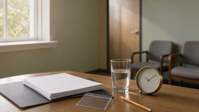 Blank resume pages, a water glass, an empty badge holder, and a clock in a quiet interview waiting room, illustrating a job interview dream about hiring anxiety and evaluation
