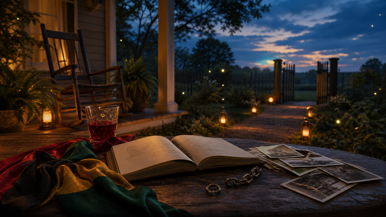 An open dream journal with old family photos, a red drink, lantern light, and a subtle broken chain, illustrating Juneteenth dreams about ancestors and freedom