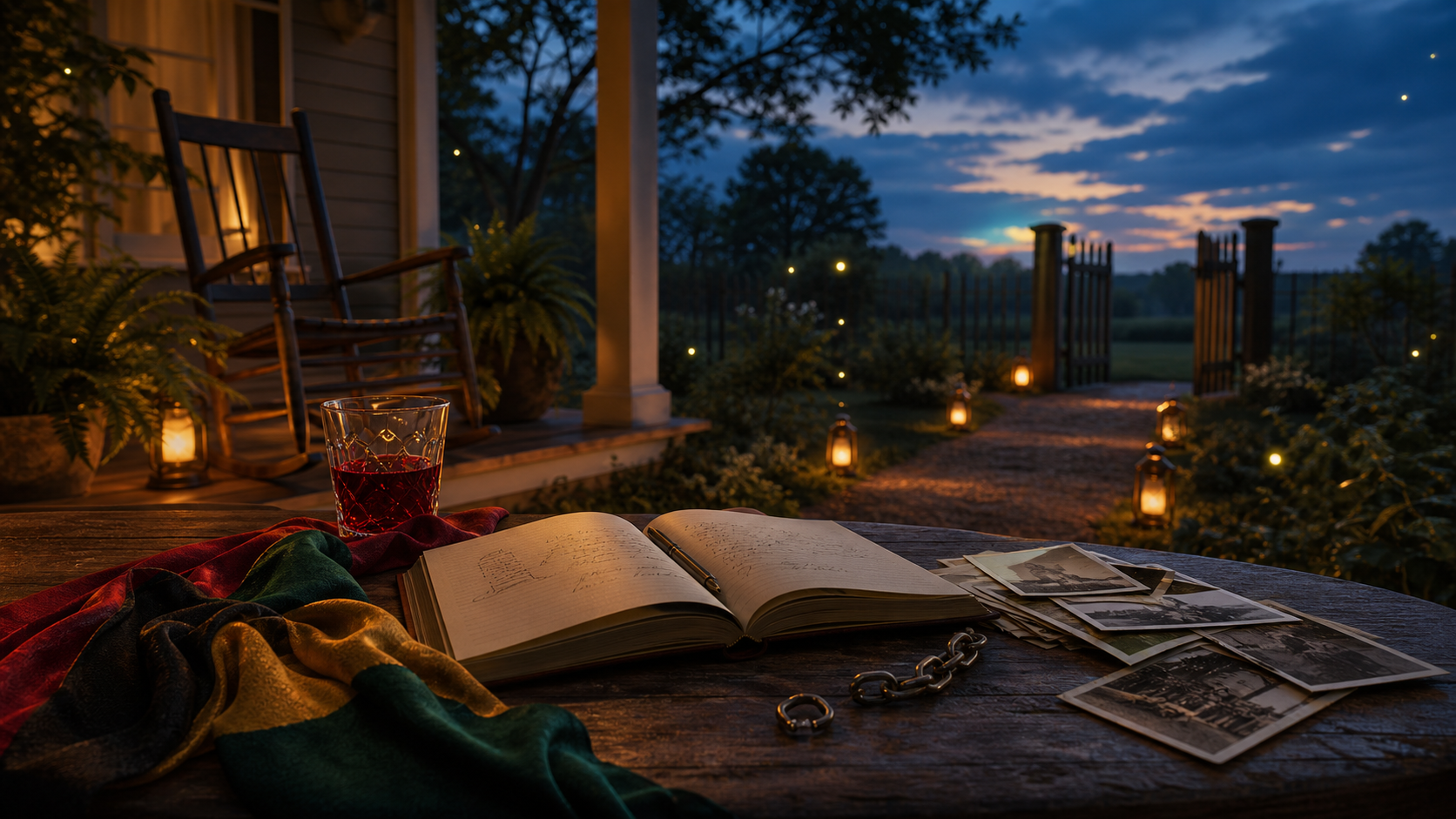 An open dream journal with old family photos, a red drink, lantern light, and a subtle broken chain, illustrating Juneteenth dreams about ancestors and freedom