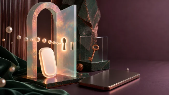 A surreal opal acrylic doorway, blank passkey token, pearl-like password dots, and a copper key behind glass, illustrating locked-out dreams about access and identity.