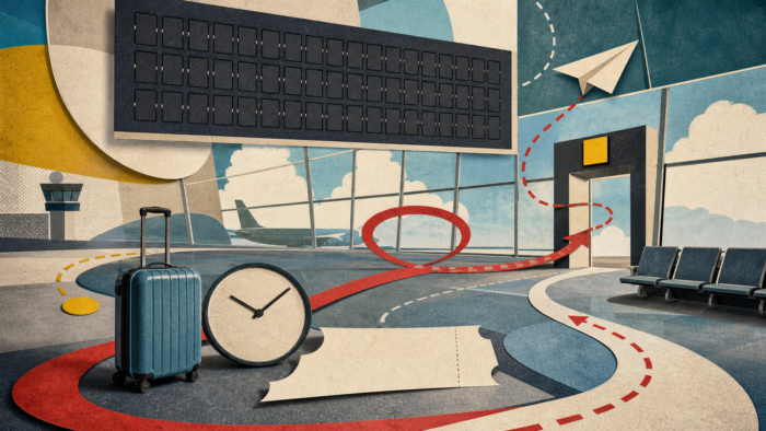 A risograph-style airport gate reroute map with blank departure-board tiles, looping arrows, a suitcase, clock, and paper airplane, illustrating missed-flight dreams about delays and changing plans.