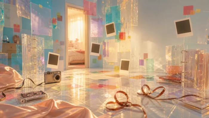 A bright surreal memory room with blank instant photos, a compact camera, cassette ribbon, and a warm bedroom doorway, illustrating nostalgia dreams and old-life memories.