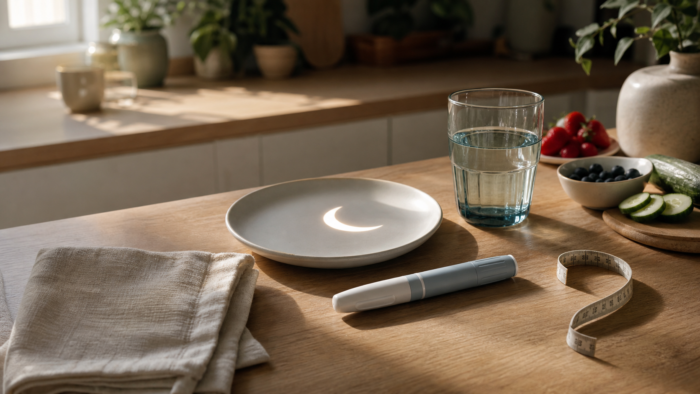 A warm kitchen still life with an unbranded medication pen, crescent plate shadow, water glass, measuring tape, cucumber slices, and berries, illustrating GLP-1 dreams about appetite and body trust.