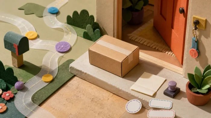 A handmade stop-motion doorstep with an unbranded cardboard package, blank tracking labels, route ribbons, and an open door, illustrating a package-delivery dream.