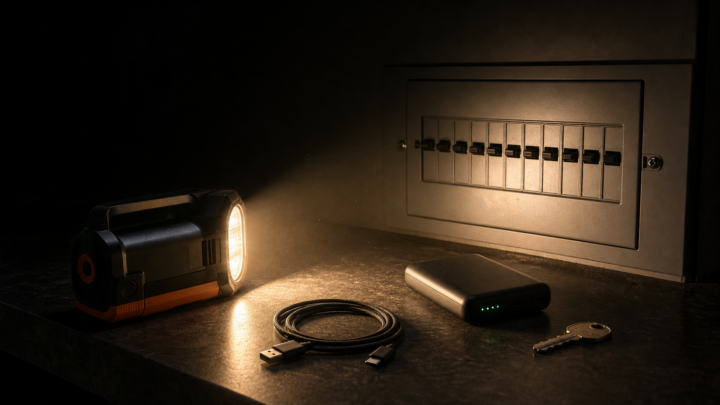 A flashlight illuminating a breaker panel, battery pack, cable, and key during a blackout, illustrating a power outage dream about uncertainty and backup plans