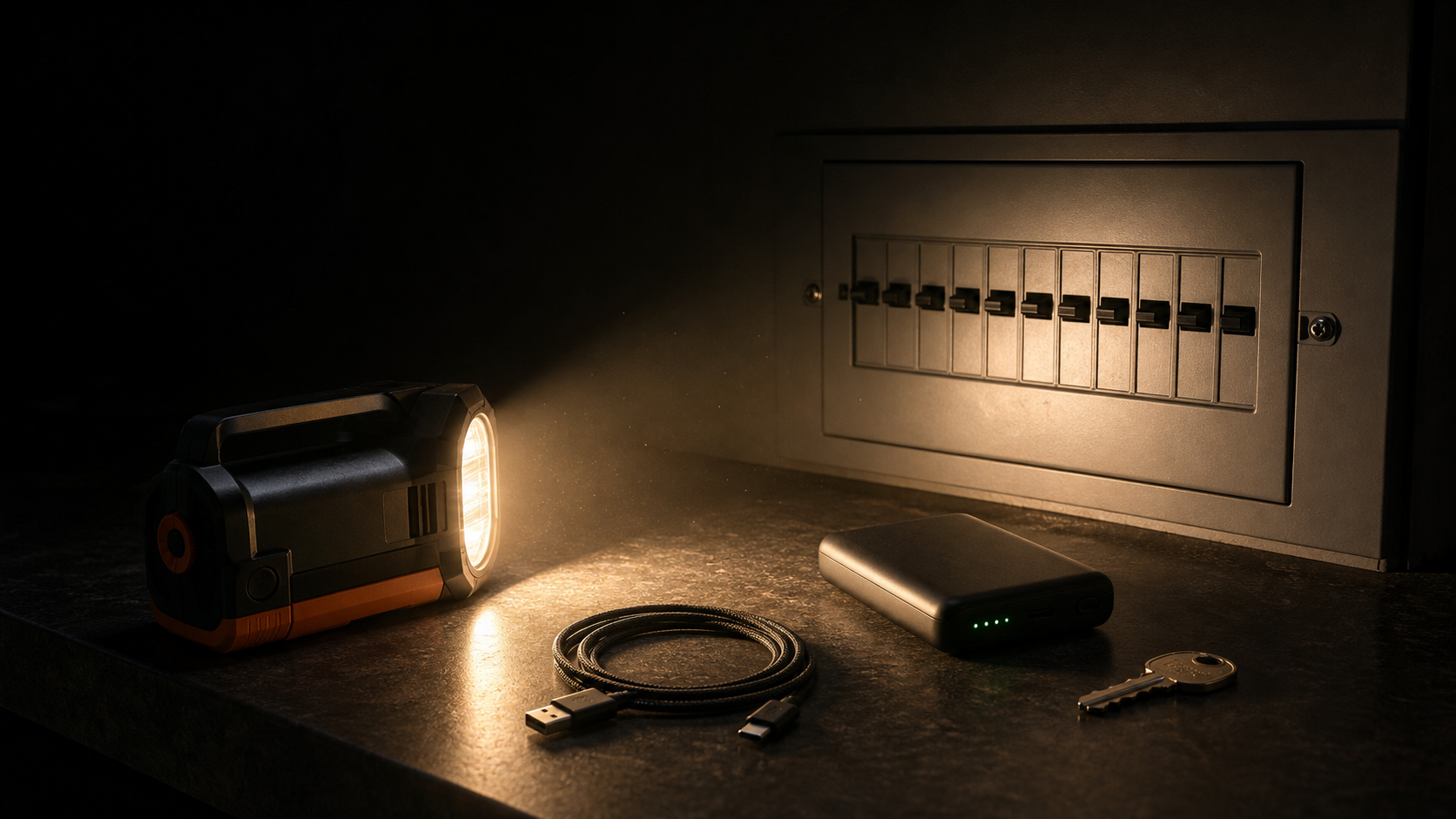 A flashlight illuminating a breaker panel, battery pack, cable, and key during a blackout, illustrating a power outage dream about uncertainty and backup plans
