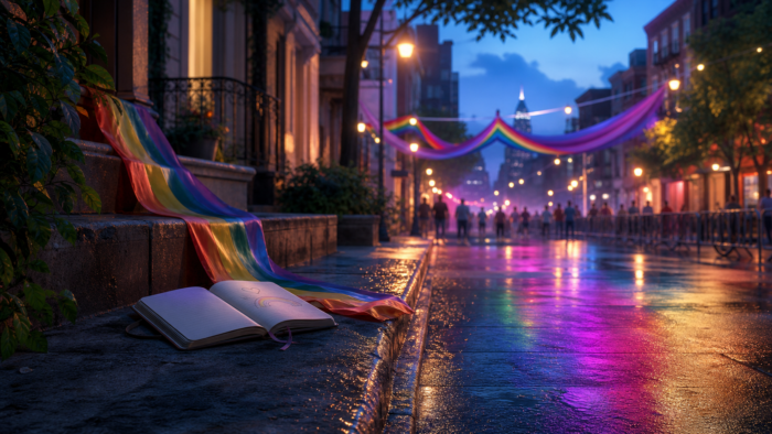An open dream journal beside rainbow reflections on a quiet city street before a Pride parade, illustrating dreams about coming out and belonging