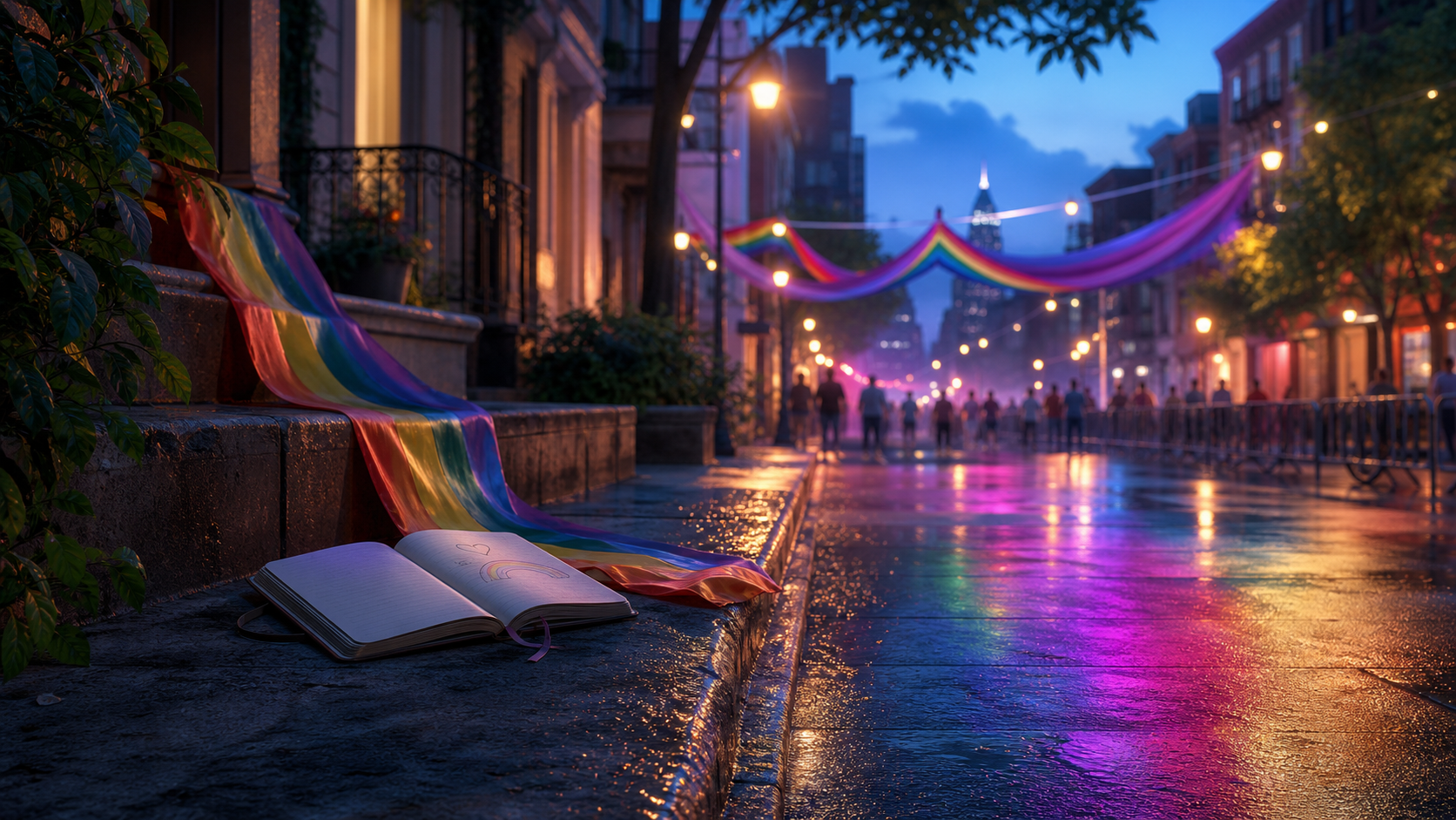 An open dream journal beside rainbow reflections on a quiet city street before a Pride parade, illustrating dreams about coming out and belonging