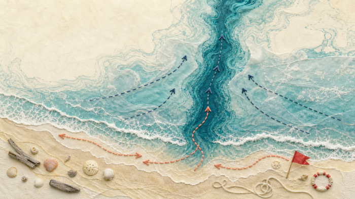 A handmade aerial ocean-current map with a dark rip channel, stitched arrows, foam bands, shells, rope, and a red safety flag, illustrating rip current dreams about waves pulling you away from shore
