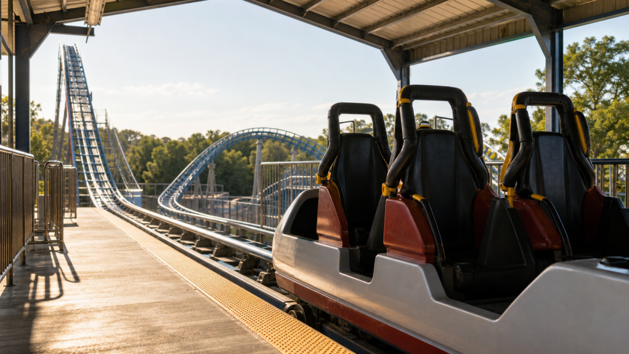 An empty roller coaster car in a sunlit station with the track rising toward a first hill, illustrating a dream about control, thrills, and sudden drops