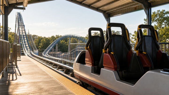 An empty roller coaster car in a sunlit station with the track rising toward a first hill, illustrating a dream about control, thrills, and sudden drops