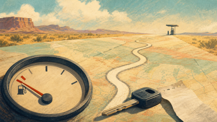 A sunlit road-map landscape with an empty fuel gauge, car key, blank receipt, winding road, and distant gas pump, illustrating a dream about running out of gas and feeling depleted