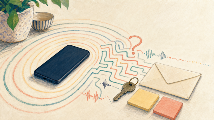 A hand-painted phone sending ringing waves into a maze beside a key and blank envelope, illustrating scam-call dreams about unknown numbers, AI voices, trust, and verification