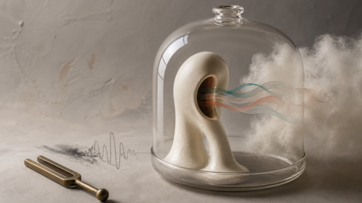 A porcelain sound sculpture under a glass bell jar with fading sound-wave ribbons and a tuning fork, illustrating a silent scream dream about not being able to speak