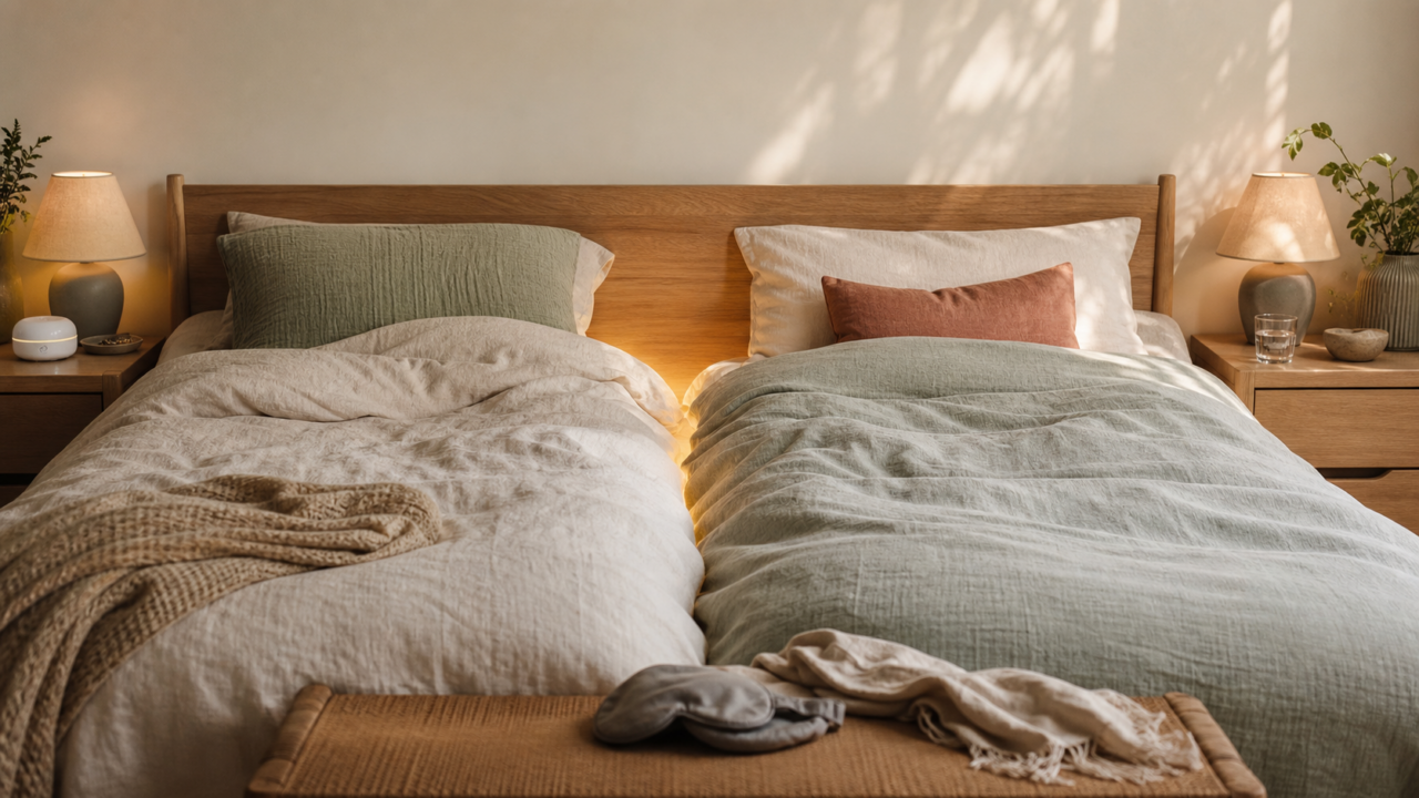 A warm bedroom with two separate sleep zones on one shared bed, illustrating dreams about sleep divorce, snoring, boundaries, and relationship rest