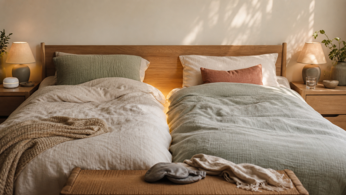A warm bedroom with two separate sleep zones on one shared bed, illustrating dreams about sleep divorce, snoring, boundaries, and relationship rest