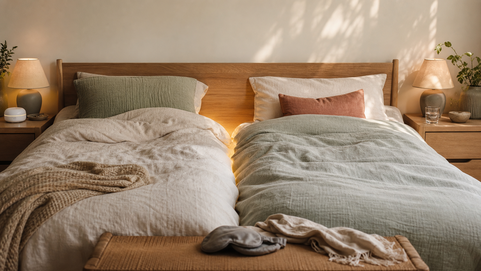 A warm bedroom with two separate sleep zones on one shared bed, illustrating dreams about sleep divorce, snoring, boundaries, and relationship rest