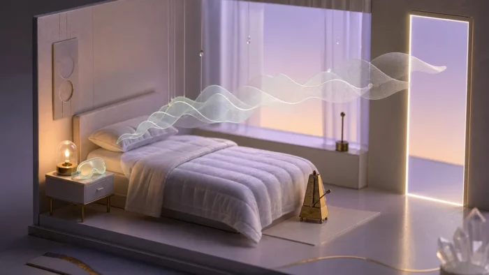 A calm sleep-lab bedroom diorama with an empty bed, sleep mask, suspended REM wave ribbons, and a glowing doorway, illustrating sleep paralysis dreams.