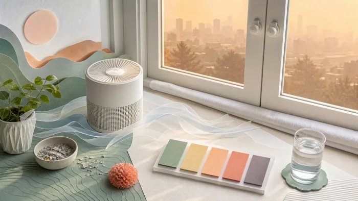 A bright apartment window with amber haze outside, an air purifier, folded towel, water glass, blank color tiles, and paper airflow ribbons, illustrating smoke dreams about uncertainty and breathing room.